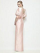 Rear View Thumbnail - Blush Bateau Neck Satin Column Maxi Dress with Puff Sleeves