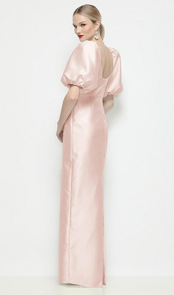 Back View - Blush Bateau Neck Satin Column Maxi Dress with Puff Sleeves