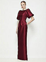 Front View Thumbnail - Cabernet Bateau Neck Satin Column Maxi Dress with Puff Sleeves
