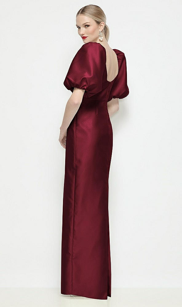 Back View - Cabernet Bateau Neck Satin Column Maxi Dress with Puff Sleeves