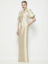 Front View Thumbnail - Champagne Bateau Neck Satin Column Maxi Dress with Puff Sleeves