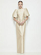 Side View Thumbnail - Champagne Bateau Neck Satin Column Maxi Dress with Puff Sleeves