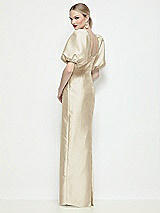 Rear View Thumbnail - Champagne Bateau Neck Satin Column Maxi Dress with Puff Sleeves