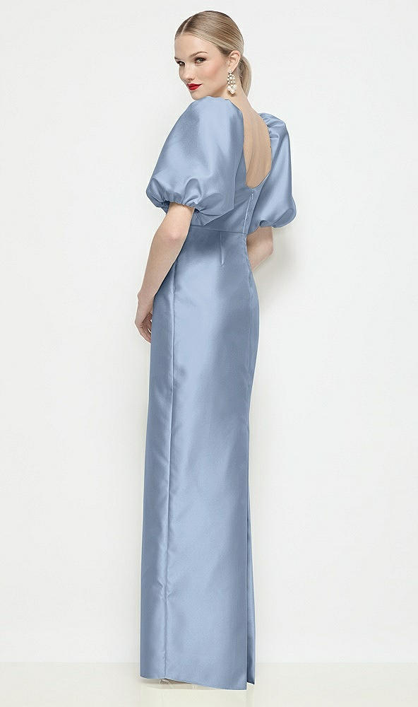 Back View - Cloudy Bateau Neck Satin Column Maxi Dress with Puff Sleeves
