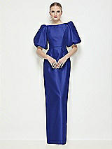 Side View Thumbnail - Cobalt Blue Bateau Neck Satin Column Maxi Dress with Puff Sleeves
