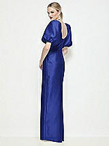 Rear View Thumbnail - Cobalt Blue Bateau Neck Satin Column Maxi Dress with Puff Sleeves