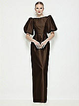 Side View Thumbnail - Espresso Bateau Neck Satin Column Maxi Dress with Puff Sleeves