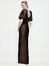 Rear View Thumbnail - Espresso Bateau Neck Satin Column Maxi Dress with Puff Sleeves
