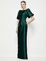 Front View Thumbnail - Evergreen Bateau Neck Satin Column Maxi Dress with Puff Sleeves