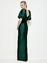 Rear View Thumbnail - Evergreen Bateau Neck Satin Column Maxi Dress with Puff Sleeves