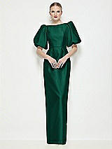 Side View Thumbnail - Hunter Green Bateau Neck Satin Column Maxi Dress with Puff Sleeves