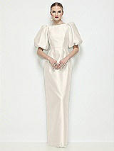 Side View Thumbnail - Ivory Bateau Neck Satin Column Maxi Dress with Puff Sleeves