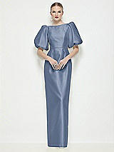 Side View Thumbnail - Larkspur Blue Bateau Neck Satin Column Maxi Dress with Puff Sleeves