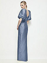 Rear View Thumbnail - Larkspur Blue Bateau Neck Satin Column Maxi Dress with Puff Sleeves