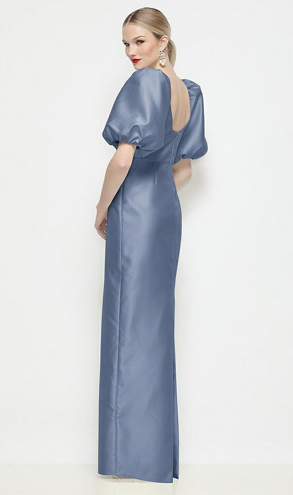 Back View - Larkspur Blue Bateau Neck Satin Column Maxi Dress with Puff Sleeves