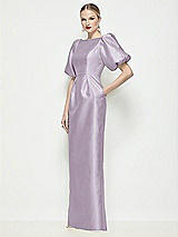 Front View Thumbnail - Lilac Haze Bateau Neck Satin Column Maxi Dress with Puff Sleeves