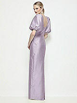 Rear View Thumbnail - Lilac Haze Bateau Neck Satin Column Maxi Dress with Puff Sleeves