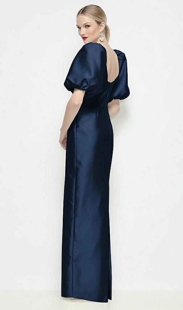 Back View - Midnight Navy Bateau Neck Satin Column Maxi Dress with Puff Sleeves