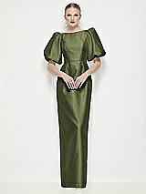 Side View Thumbnail - Olive Green Bateau Neck Satin Column Maxi Dress with Puff Sleeves