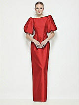Side View Thumbnail - Poppy Red Bateau Neck Satin Column Maxi Dress with Puff Sleeves