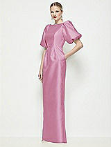 Front View Thumbnail - Powder Pink Bateau Neck Satin Column Maxi Dress with Puff Sleeves