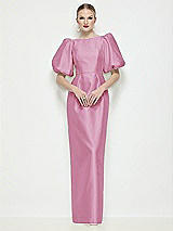 Side View Thumbnail - Powder Pink Bateau Neck Satin Column Maxi Dress with Puff Sleeves