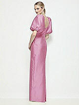 Rear View Thumbnail - Powder Pink Bateau Neck Satin Column Maxi Dress with Puff Sleeves