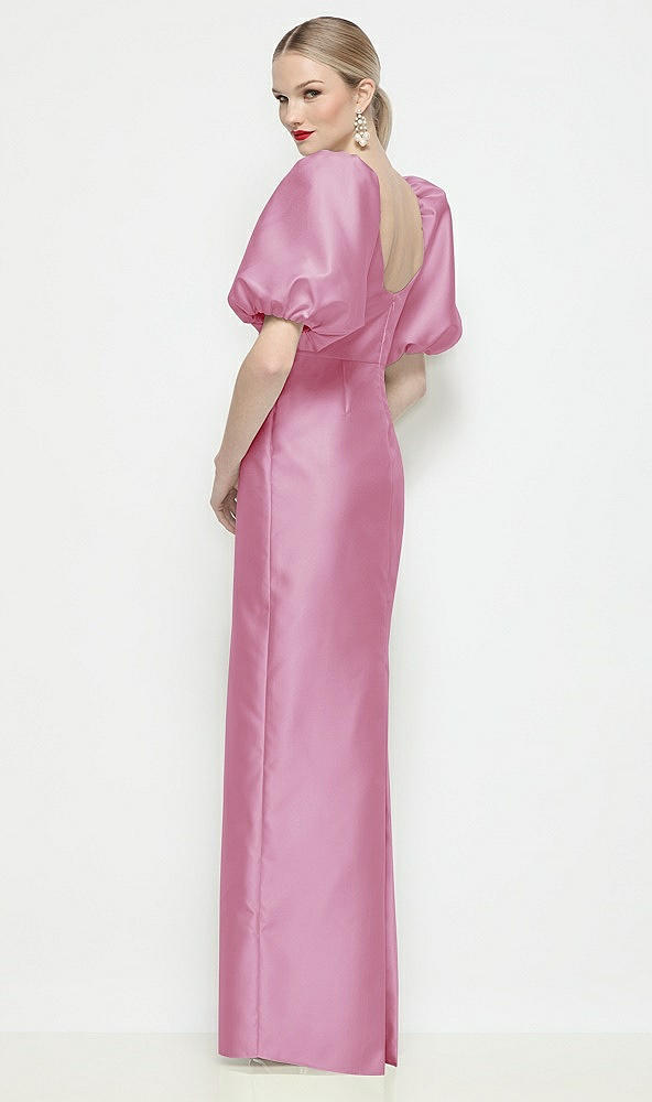 Back View - Powder Pink Bateau Neck Satin Column Maxi Dress with Puff Sleeves