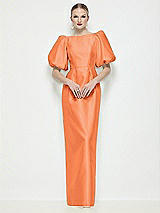 Side View Thumbnail - Portofino Orange Bateau Neck Satin Column Maxi Dress with Puff Sleeves