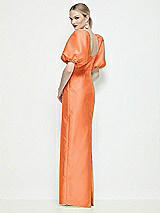 Rear View Thumbnail - Portofino Orange Bateau Neck Satin Column Maxi Dress with Puff Sleeves