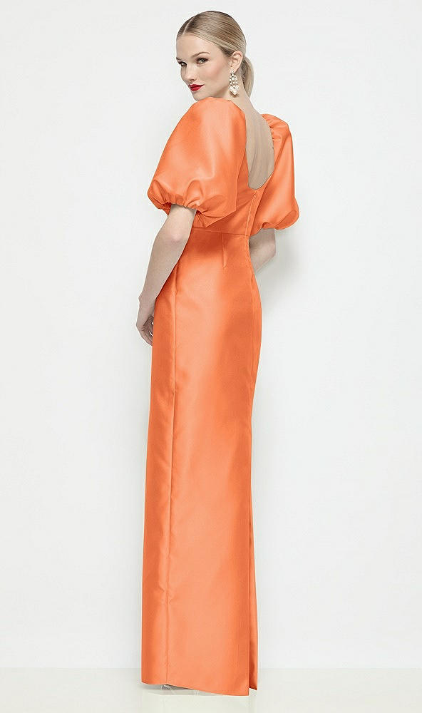 Back View - Portofino Orange Bateau Neck Satin Column Maxi Dress with Puff Sleeves