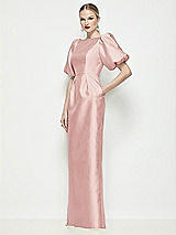 Front View Thumbnail - Rose Bateau Neck Satin Column Maxi Dress with Puff Sleeves