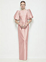 Side View Thumbnail - Rose Bateau Neck Satin Column Maxi Dress with Puff Sleeves