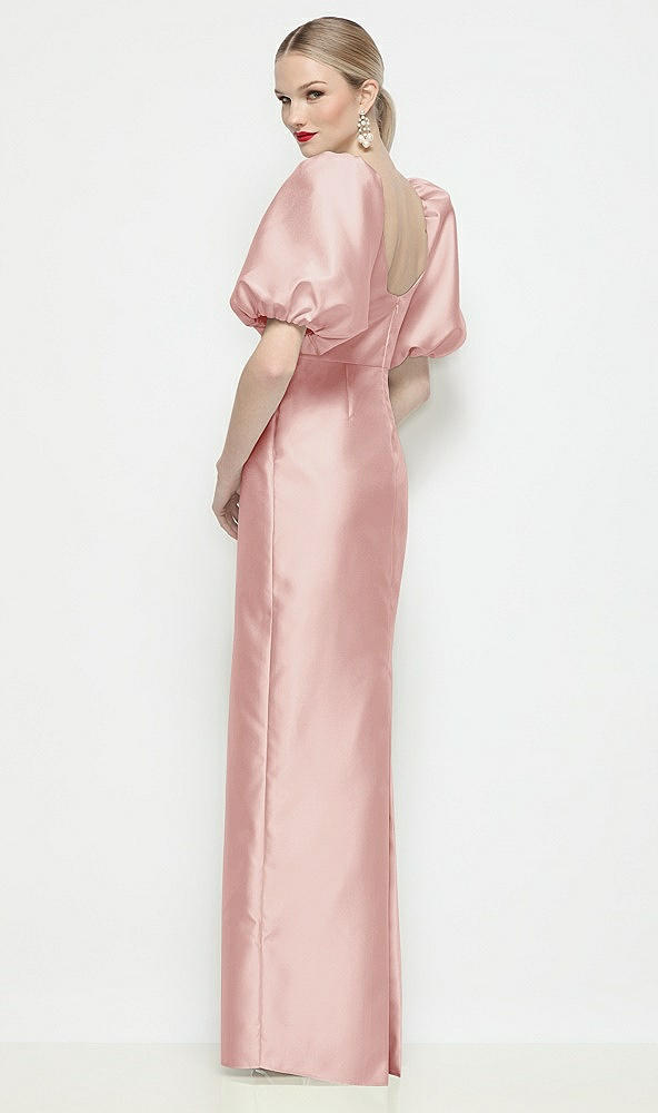 Back View - Rose Bateau Neck Satin Column Maxi Dress with Puff Sleeves