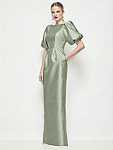 Front View Thumbnail - Sage Bateau Neck Satin Column Maxi Dress with Puff Sleeves