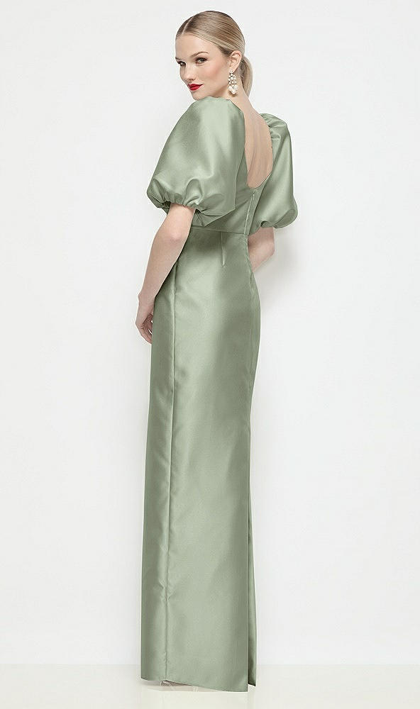 Back View - Sage Bateau Neck Satin Column Maxi Dress with Puff Sleeves