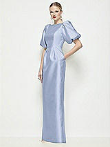 Front View Thumbnail - Sky Blue Bateau Neck Satin Column Maxi Dress with Puff Sleeves