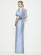 Rear View Thumbnail - Sky Blue Bateau Neck Satin Column Maxi Dress with Puff Sleeves