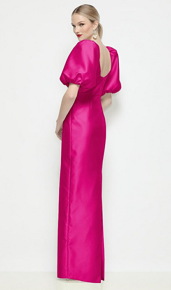 Back View - Think Pink Bateau Neck Satin Column Maxi Dress with Puff Sleeves