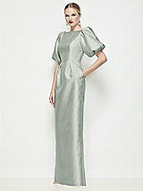 Front View Thumbnail - Willow Green Bateau Neck Satin Column Maxi Dress with Puff Sleeves