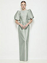 Side View Thumbnail - Willow Green Bateau Neck Satin Column Maxi Dress with Puff Sleeves