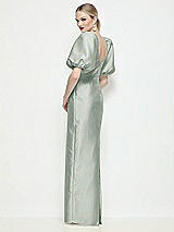 Rear View Thumbnail - Willow Green Bateau Neck Satin Column Maxi Dress with Puff Sleeves