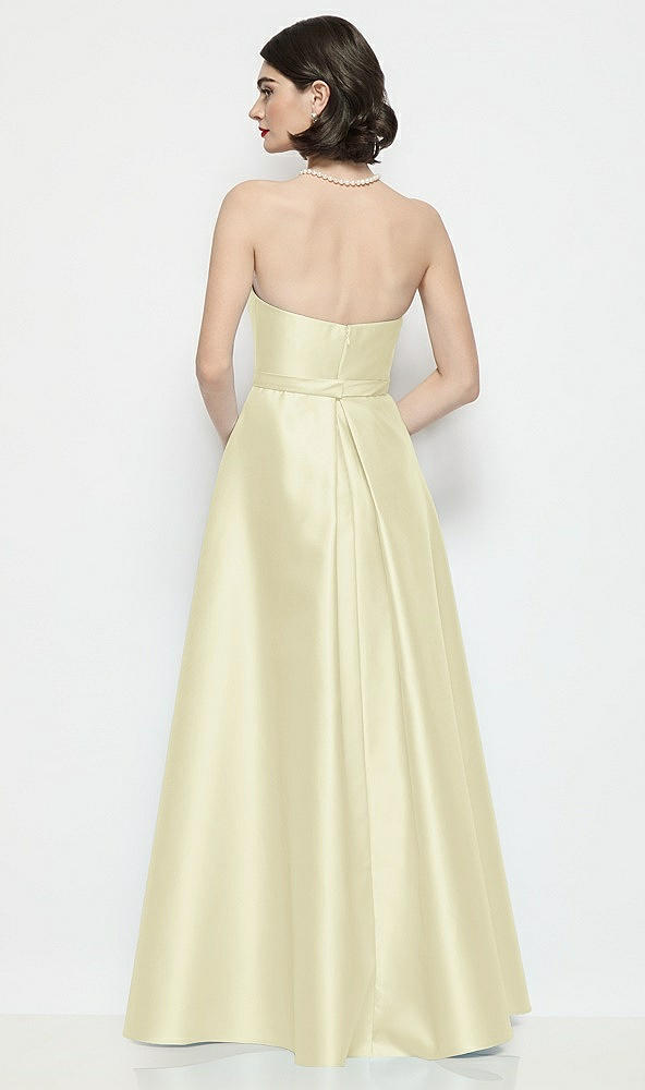 Back View - Butter Yellow Strapless Bow-Waist Satin Column Dress with Overskirt