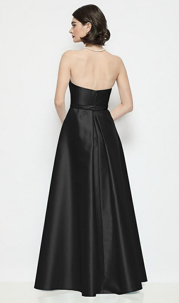 Back View - Black Strapless Bow-Waist Satin Column Dress with Overskirt