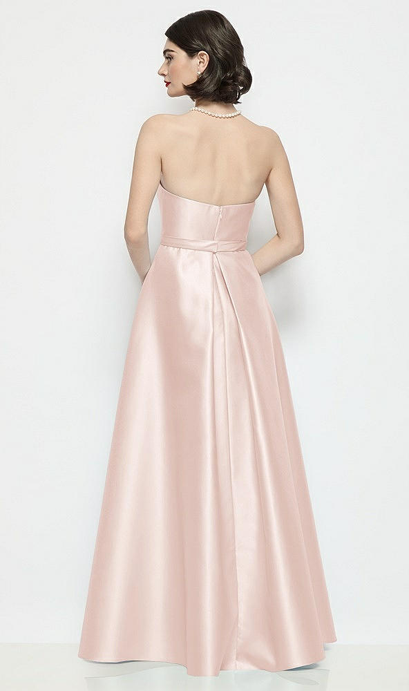 Back View - Blush Strapless Bow-Waist Satin Column Dress with Overskirt