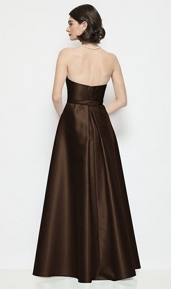 Back View - Espresso Strapless Bow-Waist Satin Column Dress with Overskirt
