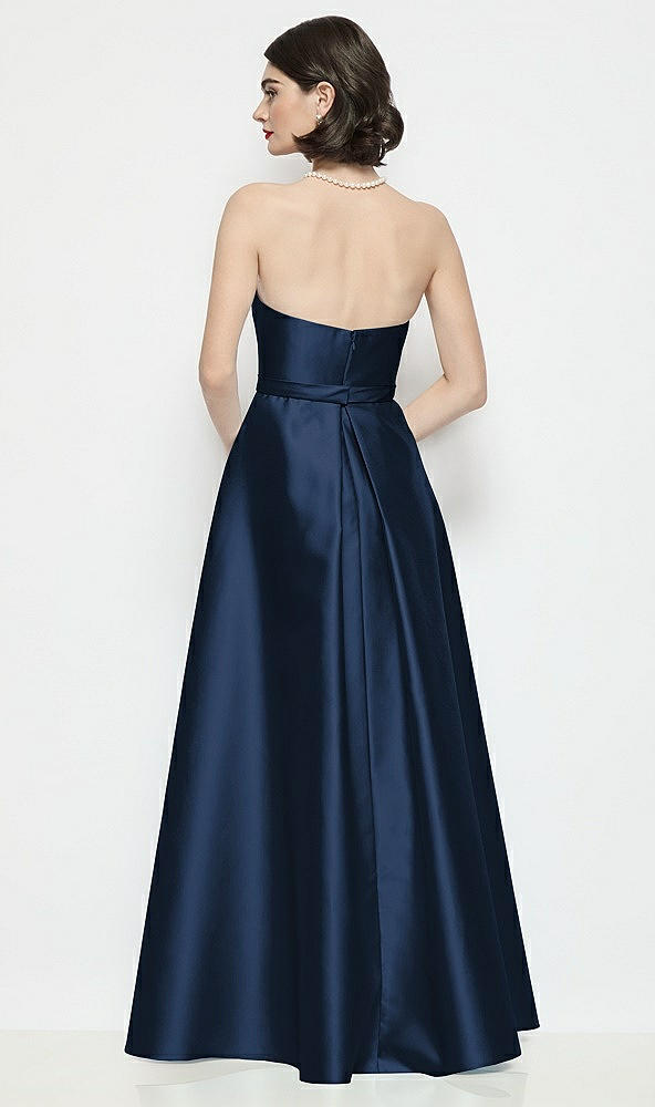Back View - Midnight Navy Strapless Bow-Waist Satin Column Dress with Overskirt
