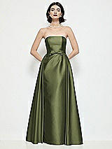 Front View Thumbnail - Olive Green Strapless Bow-Waist Satin Column Dress with Overskirt