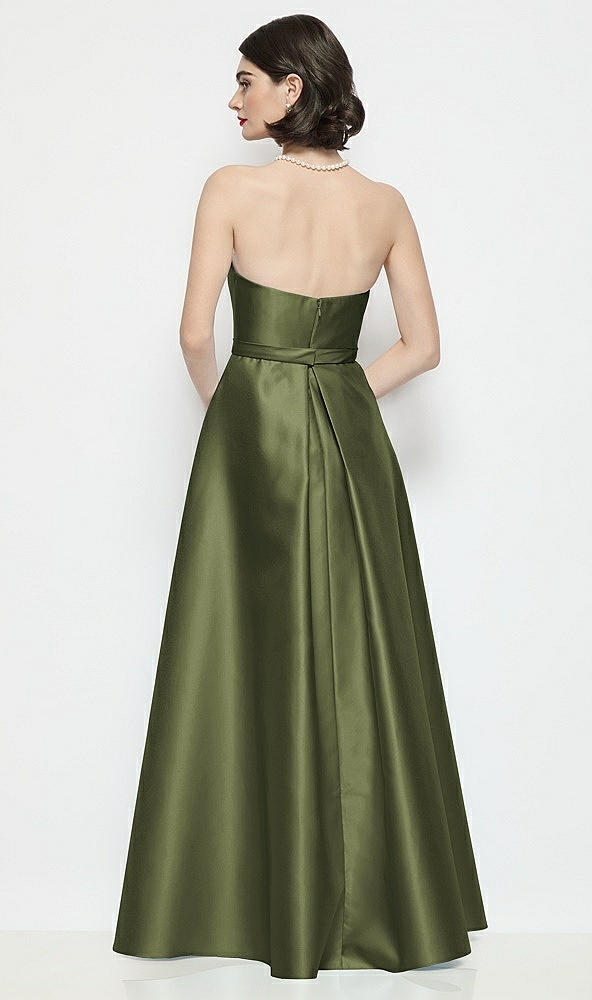 Back View - Olive Green Strapless Bow-Waist Satin Column Dress with Overskirt