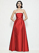 Front View Thumbnail - Poppy Red Strapless Bow-Waist Satin Column Dress with Overskirt